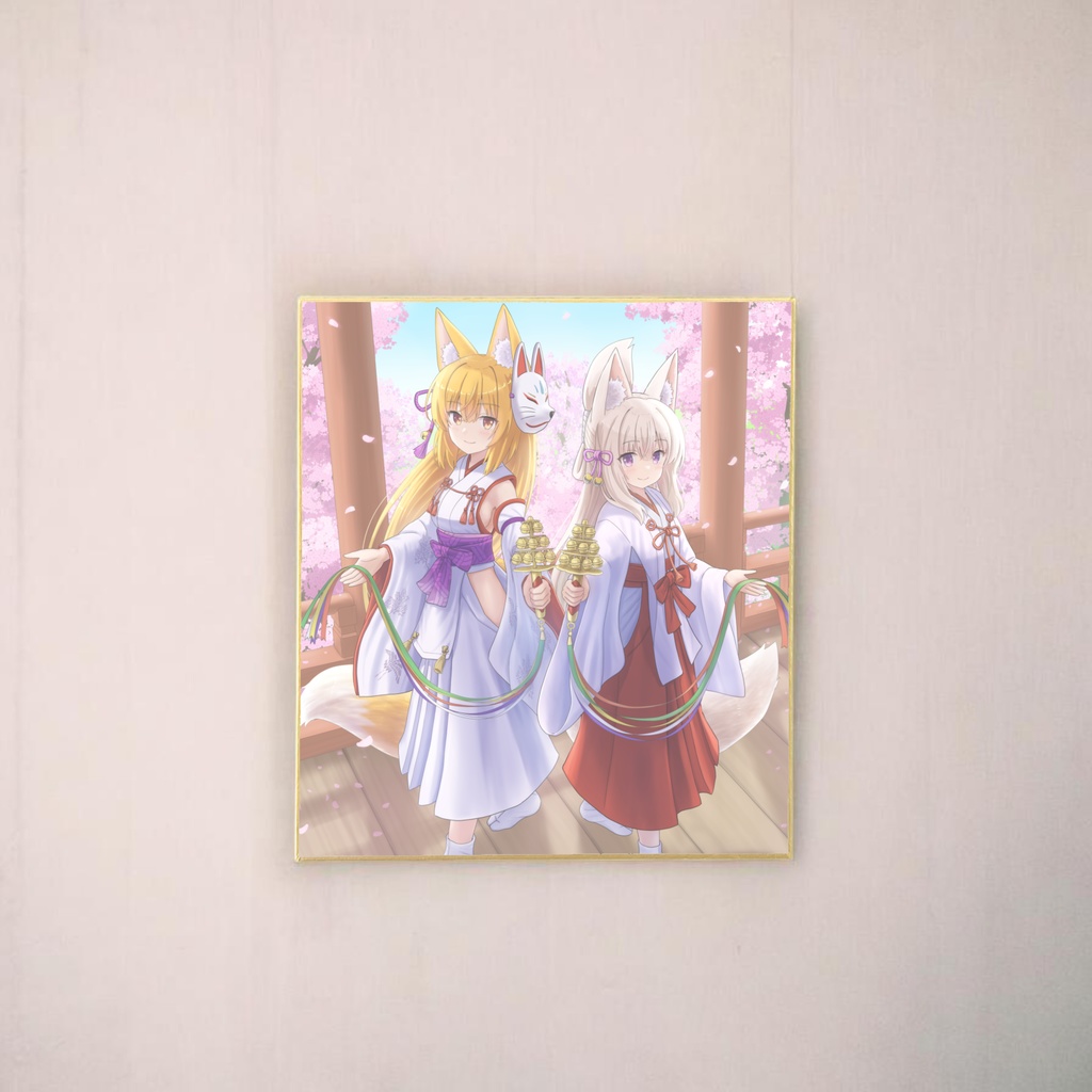 いろはコラボ　複製ミニ色紙「狐娘の二人舞」