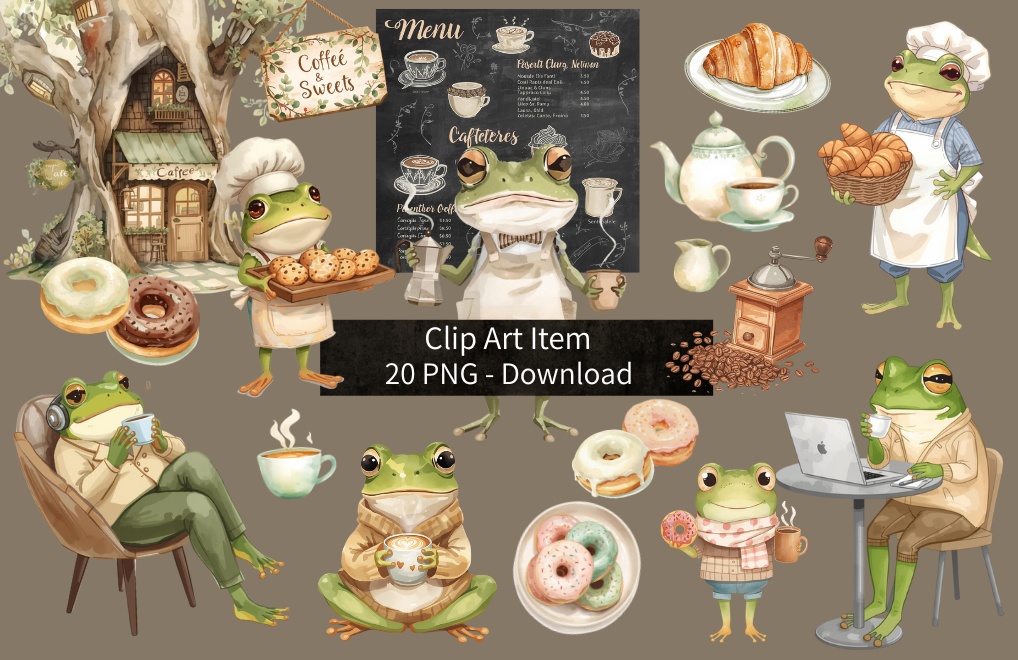 【クリップアート】カエルCafe　20点セット（背景透過PNG）