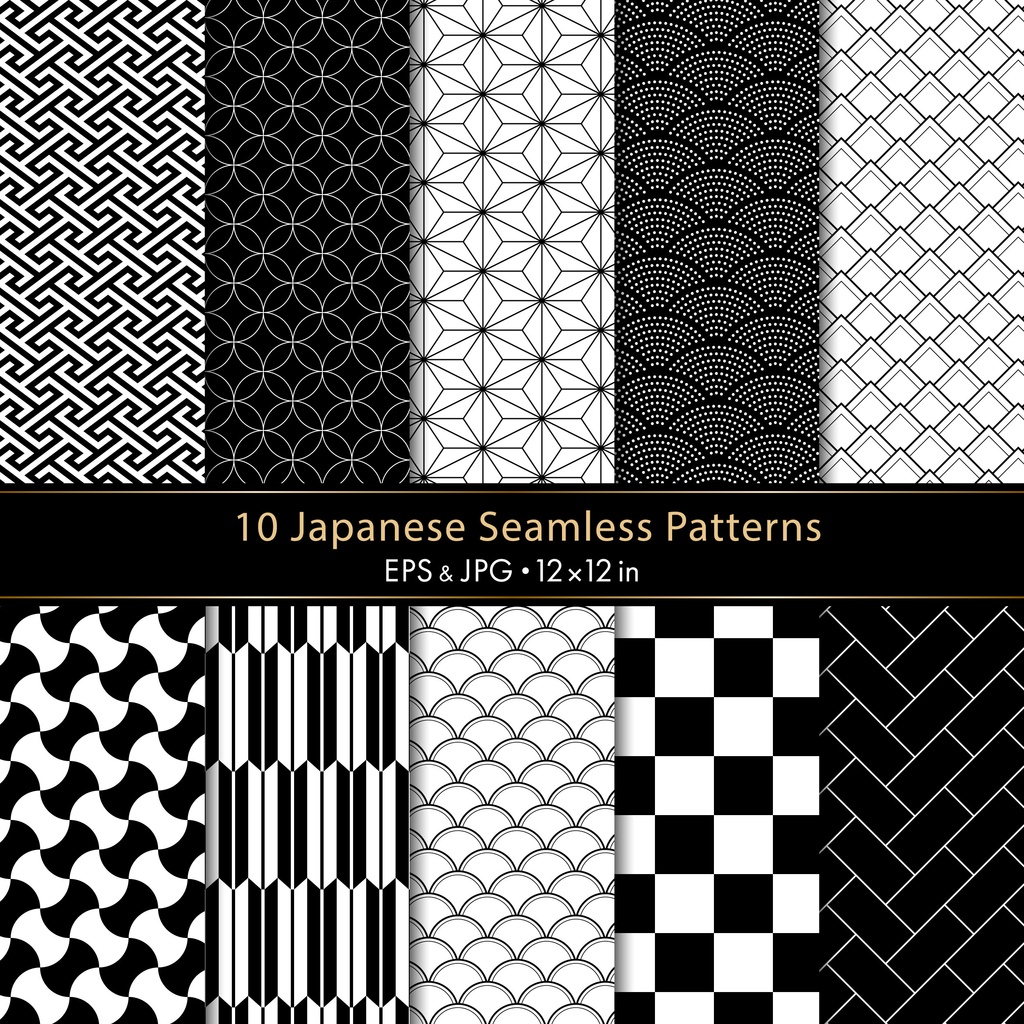 和柄シームレスパターン背景 10種セット|青海波・麻の葉・七宝・矢絣など|白黒背景素材|JPG+EPS/商用利用可