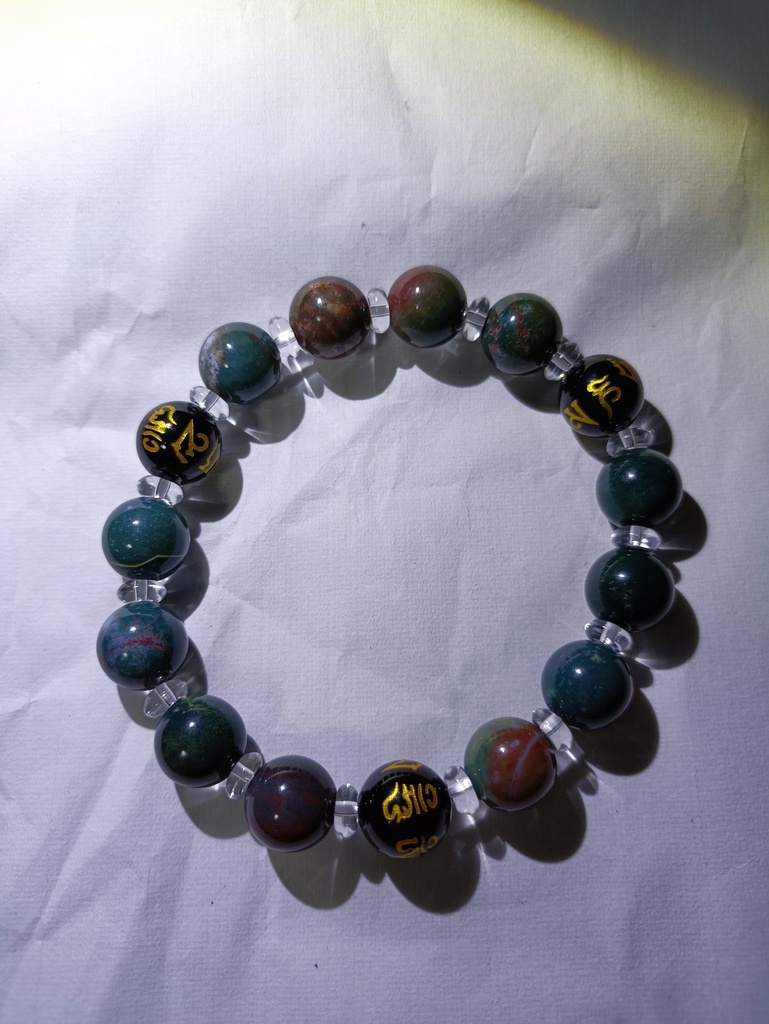 天然石ブレスレット 六字真言 ブラッドストーン、オニキス、水晶