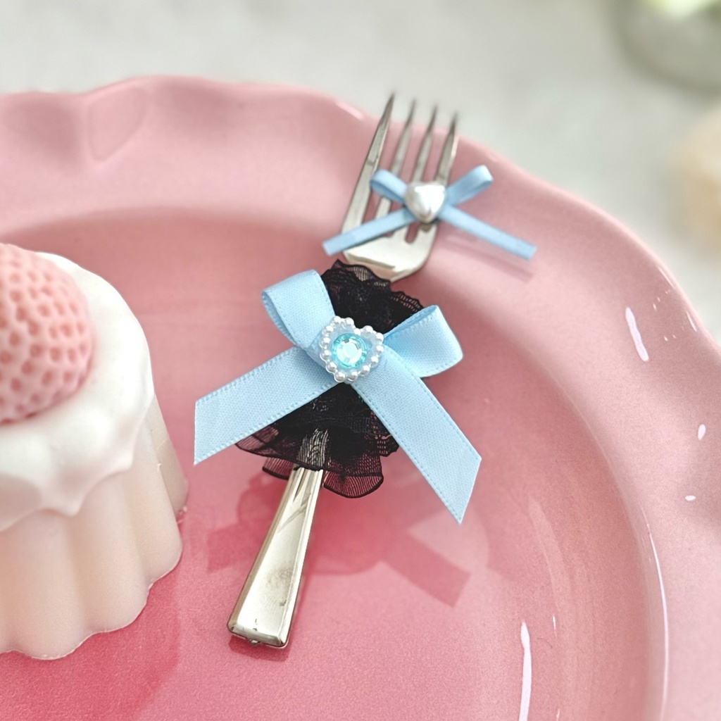 ♡ もぐもぐ フォーク ♡ シルバー ベビーブルー 水色 黒レース ぬい服 アイテム 装飾 16cm 15cm 12cm 11cm 10cm ぬいぐるみ服 おすわり 帽子 ボンネット