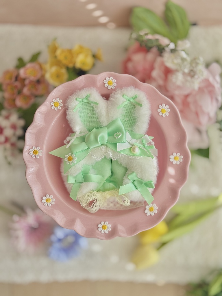 ♡ イースター バニー ボンネット ♡ ミントグリーン 黄緑 春 ぬい服 帽子 装飾 12cm 11cm 10cm ぬいぐるみ服 おすわり うさぎ