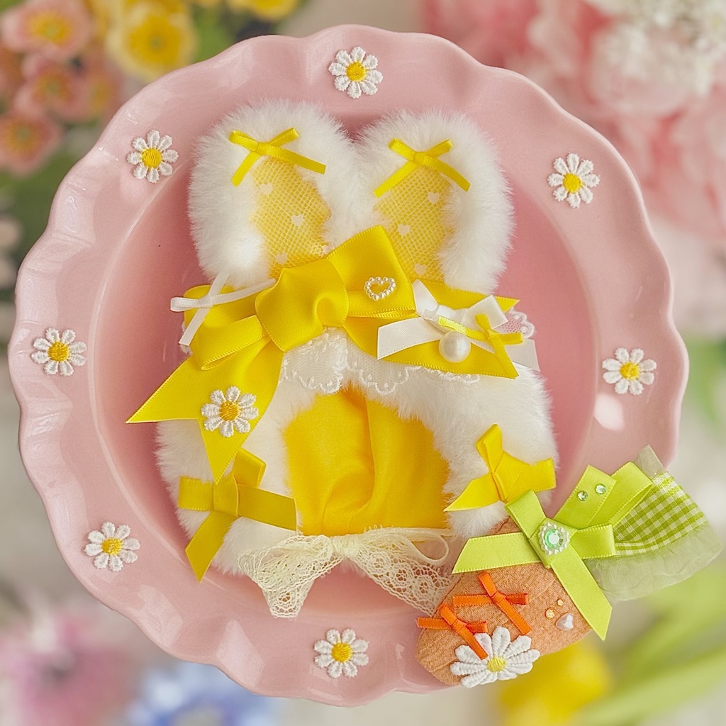 ♡ イースター バニー ボンネット  キャロット セット♡ イエロー 黄色 春 ぬい服 帽子 装飾 12cm 11cm 10cm 14cm ぬいぐるみ服 おすわり うさぎ