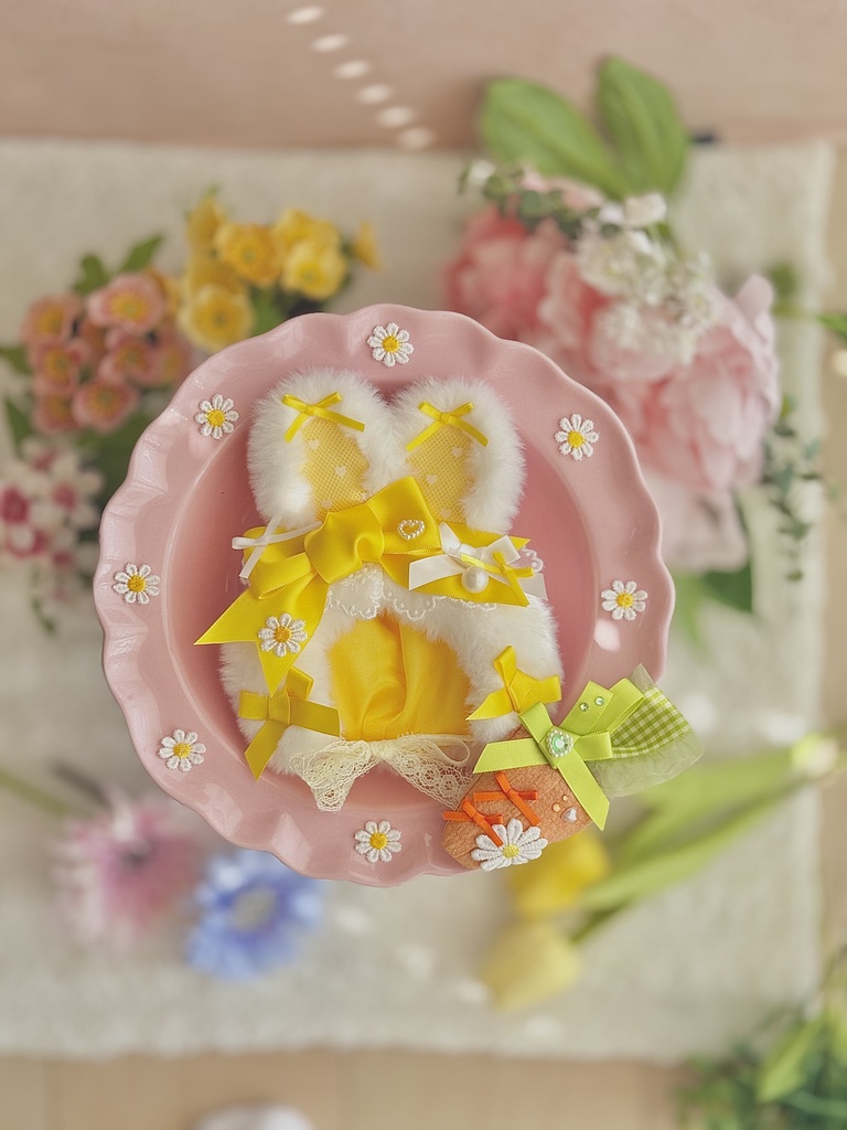 ♡ イースター バニー ボンネット キャロット セット♡ イエロー 黄色 春 ぬい服 帽子 装飾 12cm 11cm 10cm 14cm ぬいぐるみ服 おすわり うさぎ