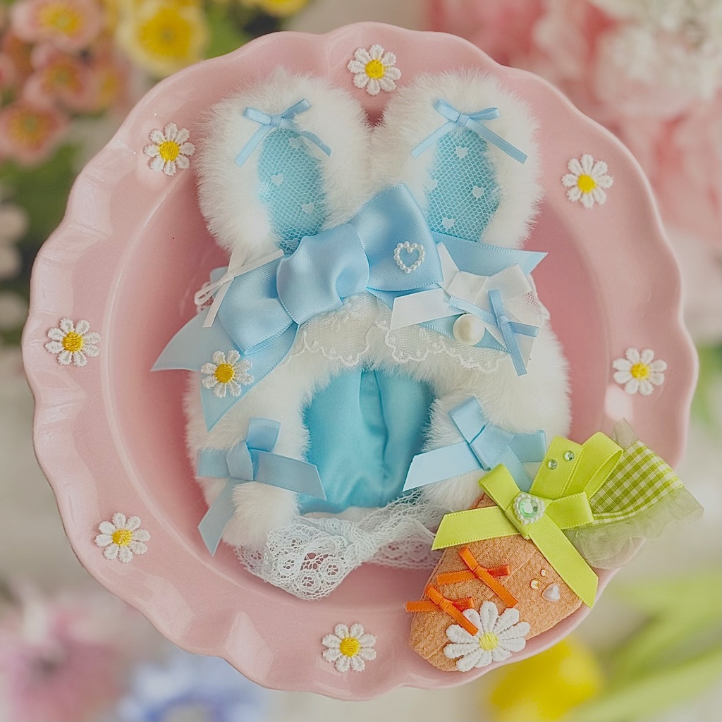 ♡ イースター バニー ボンネット  キャロット セット♡ ベビーブルー 水色 春 ぬい服 帽子 装飾 12cm 11cm 10cm 14cm ぬいぐるみ服 おすわり うさぎ