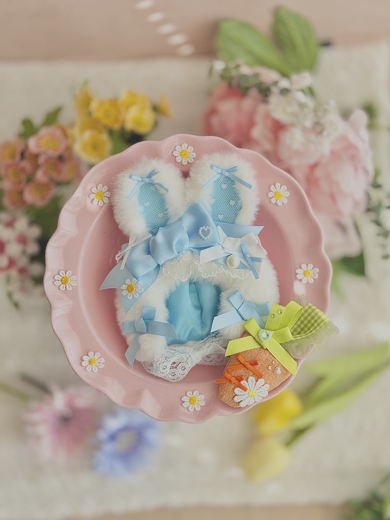 ♡ イースター バニー ボンネット キャロット セット♡ ベビーブルー 水色 春 ぬい服 帽子 装飾 12cm 11cm 10cm 14cm ぬいぐるみ服 おすわり うさぎ