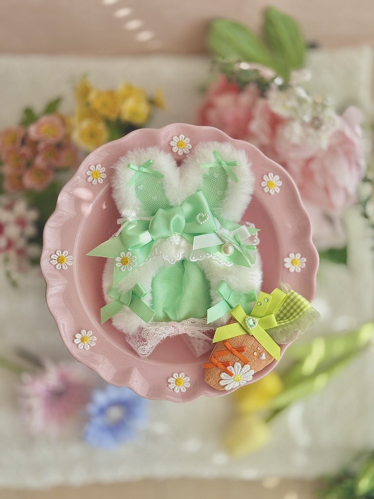 ♡ イースター バニー ボンネット キャロット セット♡ ミントグリーン 黄緑 春 ぬい服 帽子 装飾 12cm 11cm 10cm 14cm ぬいぐるみ服 おすわり うさぎ