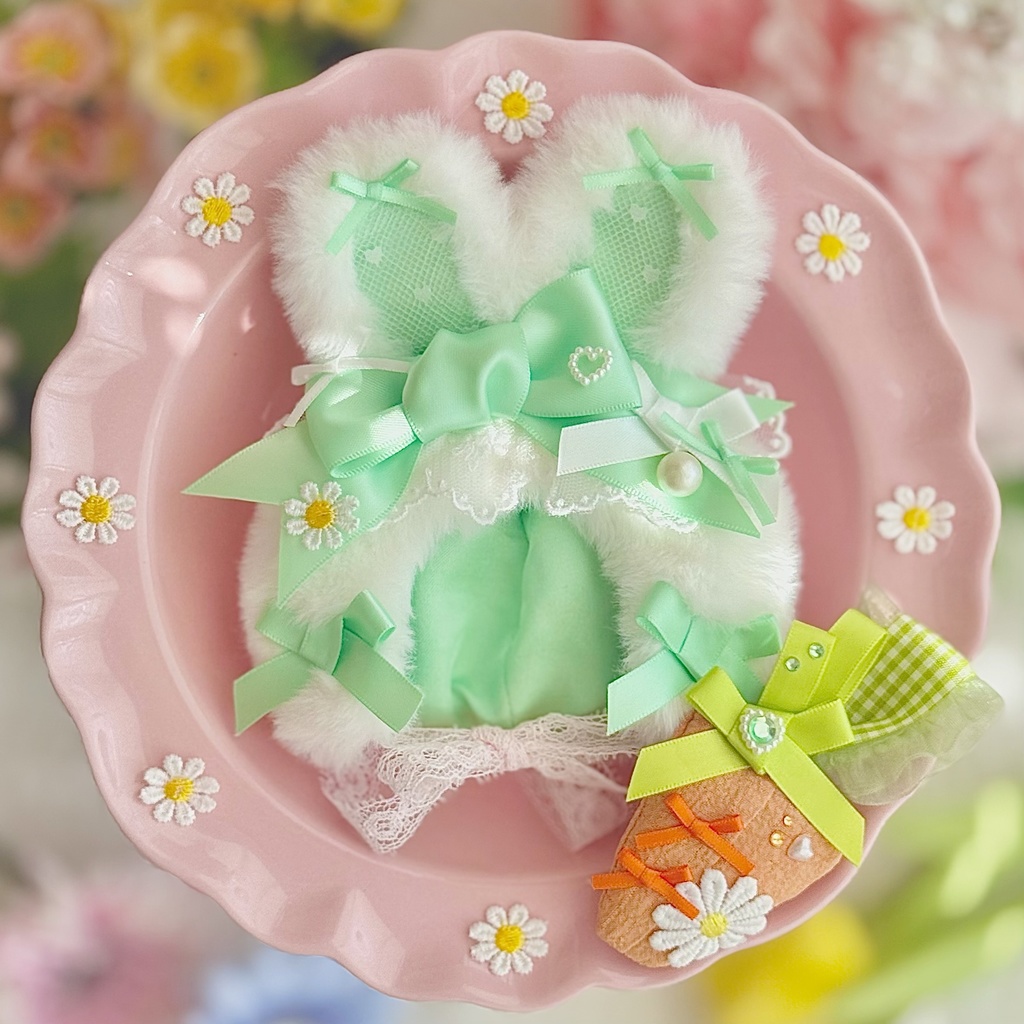 ♡ イースター バニー ボンネット  キャロット セット♡ ミントグリーン 黄緑 春 ぬい服 帽子 装飾 12cm 11cm 10cm 14cm ぬいぐるみ服 おすわり うさぎ