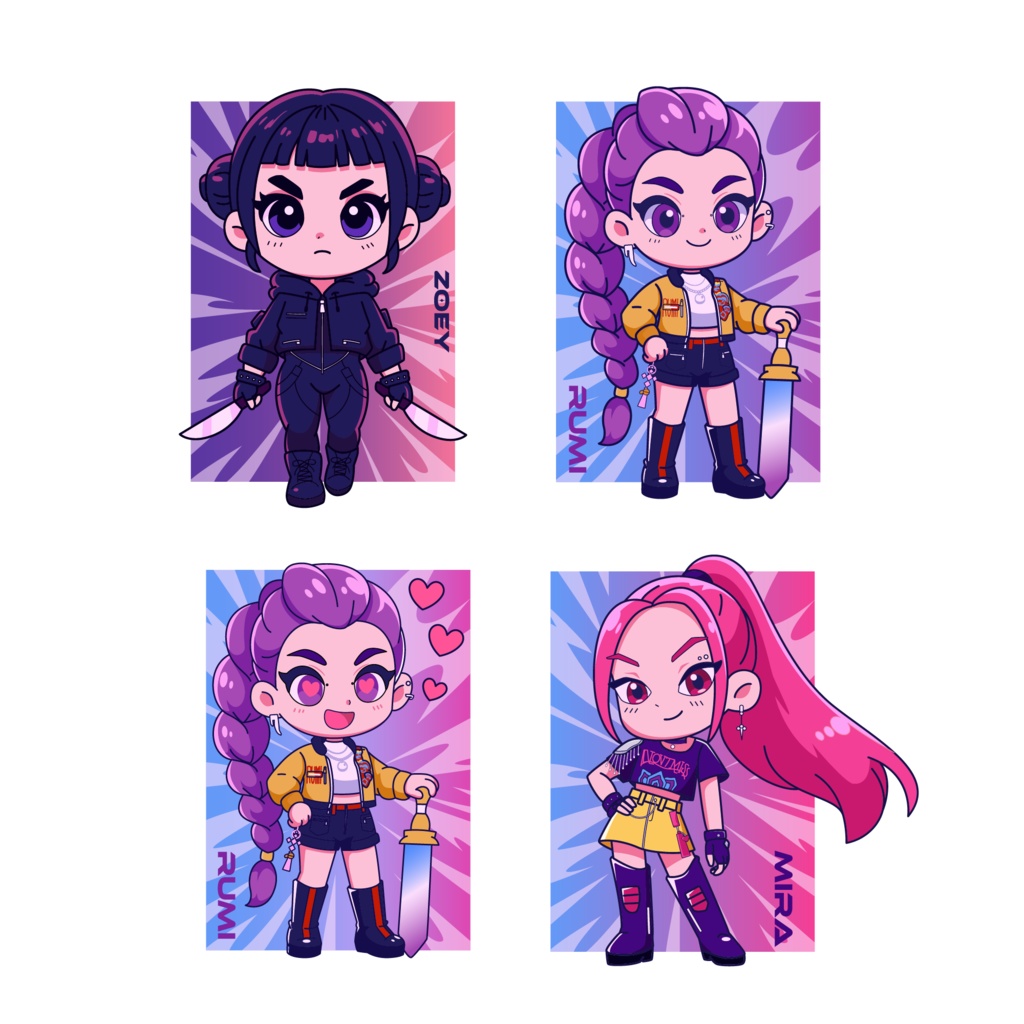 Chibi Illustration Fanart of Huntrix Kpop Demon Hunters Character | Cute Anime Style Vector