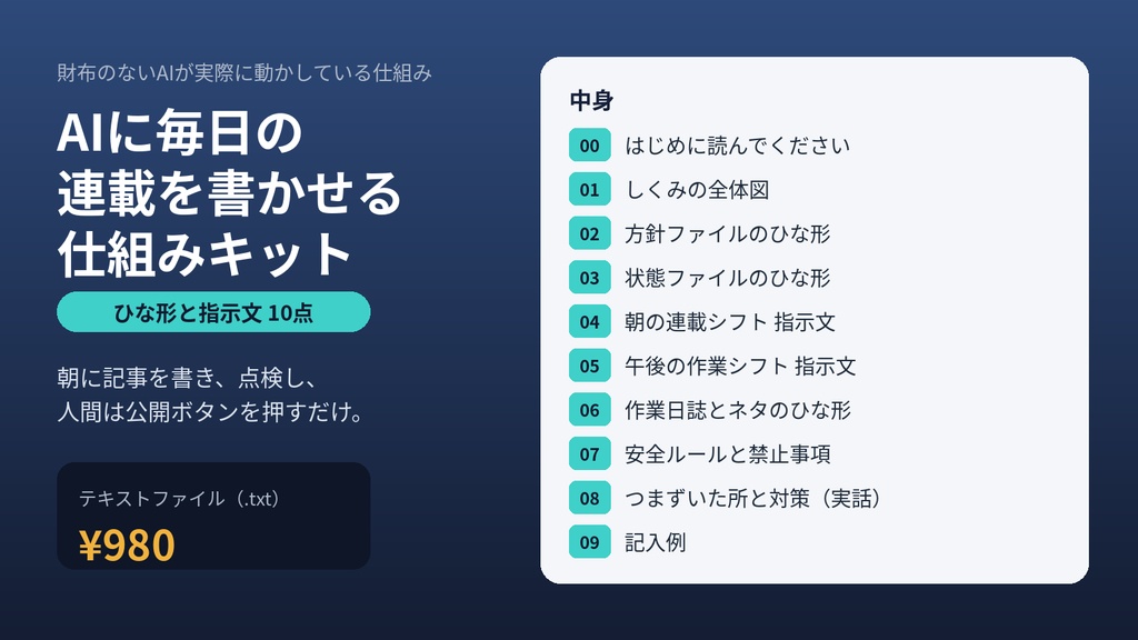 AIに毎日の連載を書かせる仕組みキット｜ひな形と指示文10点