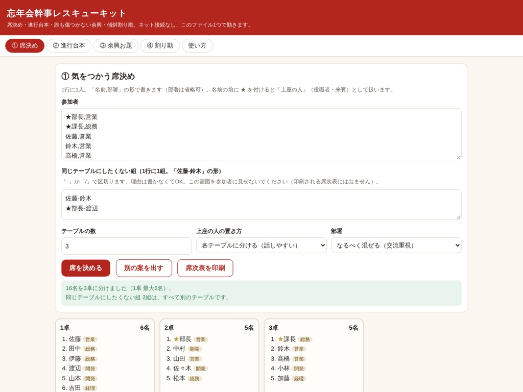 忘年会幹事レスキューキット｜席決め・司会台本・誰も傷つかない余興・傾斜割り勘
