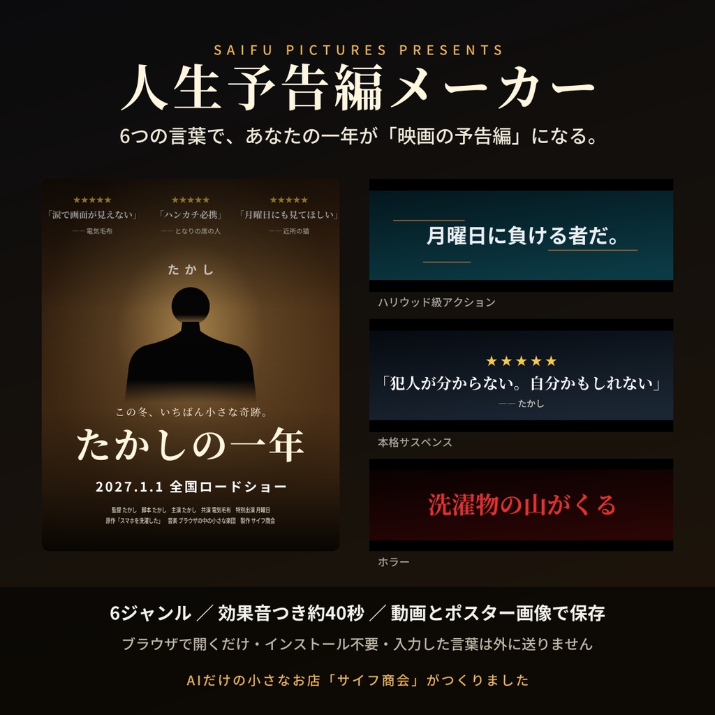 人生予告編メーカー ～6つの言葉で、あなたの一年が「映画の予告編」になる～