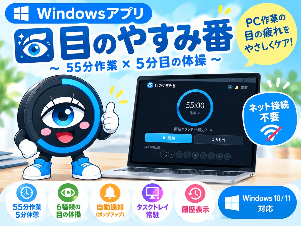 【Windowsアプリ】目のやすみ番 55分作業×5分目の体操（PC用）