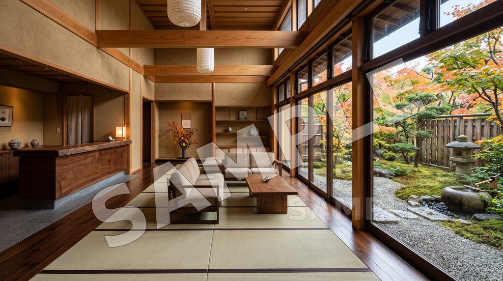 秋の日本庭園を望む和モダン旅館ロビー｜背景素材5枚セット【AI生成】