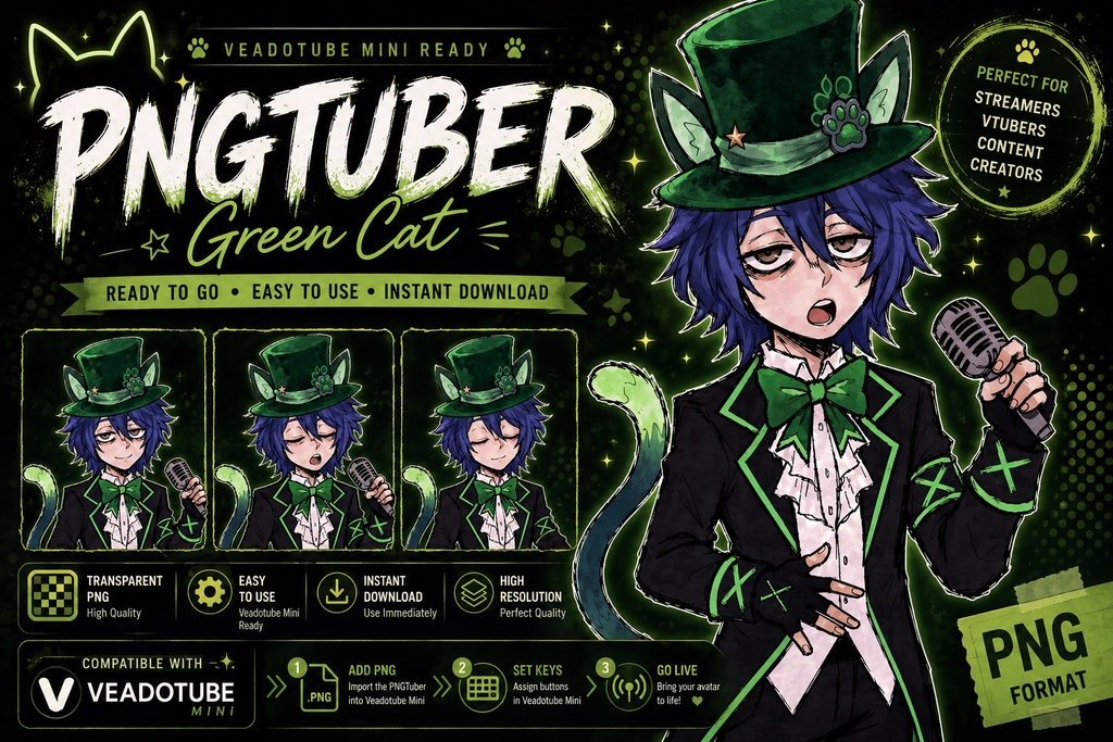 【PNGTuber】Green Cat Singer｜Veadotube Mini対応｜猫耳男性モデル
