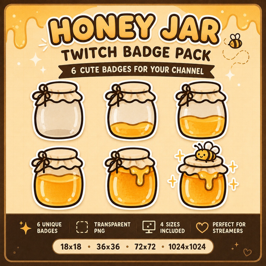 🍯Cute Honey Jar Twitch Subscriber Badge Pack | 6 Progression Badges