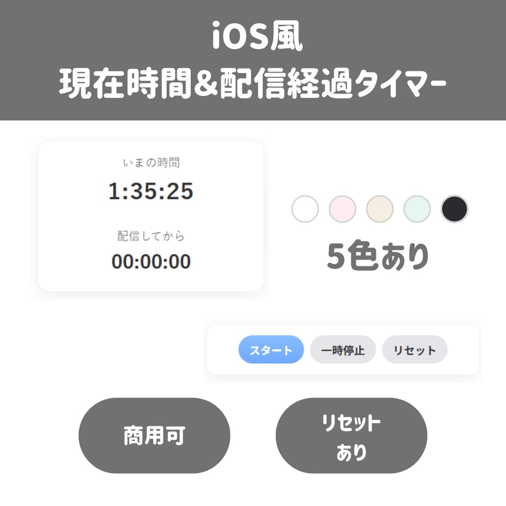 【OBS用/HTML】IOS 風配信用｜現在時間＆配信経過タイマー