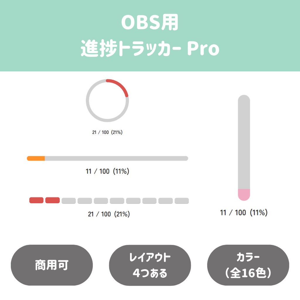 【OBS用/HTML】進捗トラッカー Pro|4レイアウト対応・16色搭載