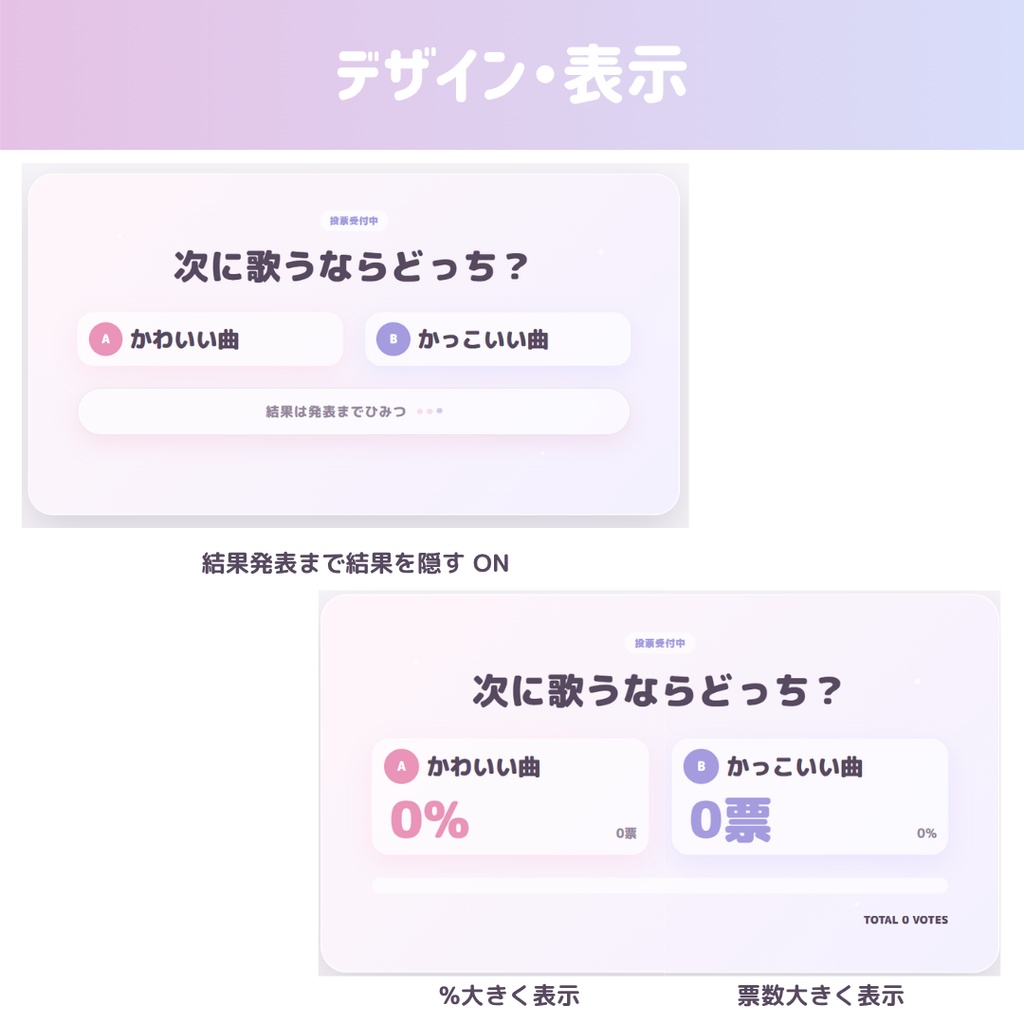 【わんコメ連携/OBS/HTML】みんなで二択!投票カウンター 🗳️🎀 | コメント自動集計・結果発表・4テーマ【配信素材】