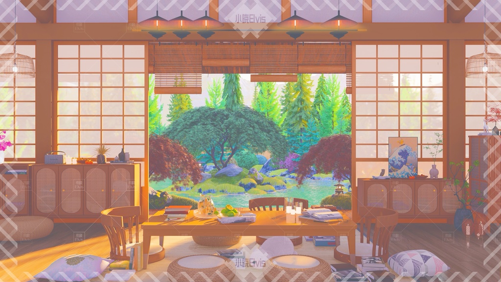 【Vtuber/動く配信背景】和風の図書館庭 view1