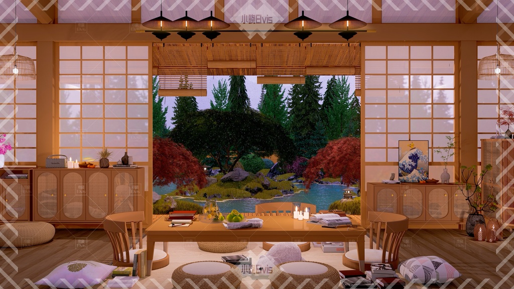 【Vtuber/動く配信背景】和風の図書館庭 view1