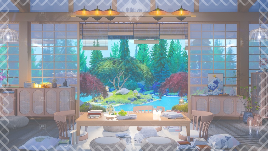 【Vtuber/動く配信背景】和風の図書館庭 view1