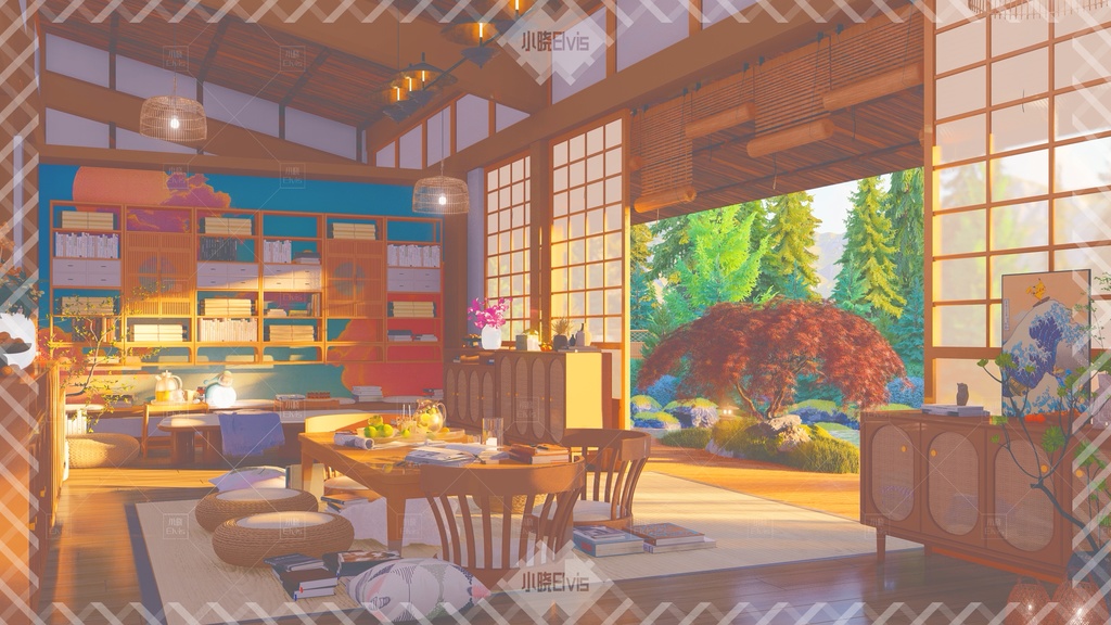 【Vtuber/動く配信背景】和風の図書館庭 view2