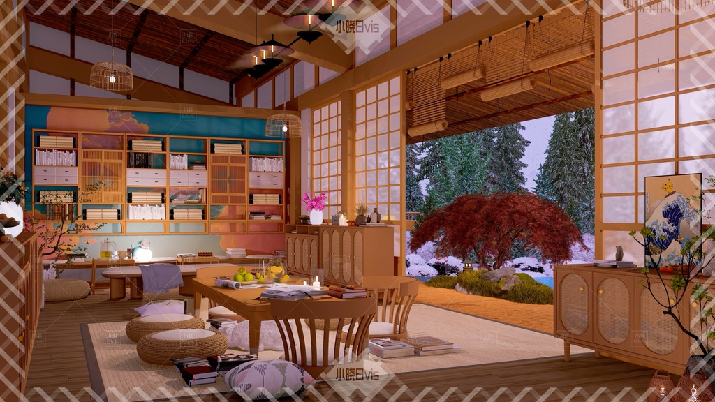 【Vtuber/動く配信背景】和風の図書館庭 view2