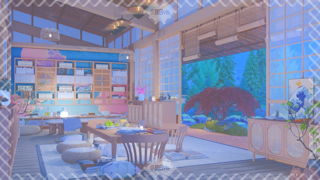 【Vtuber/動く配信背景】和風の図書館庭 view2