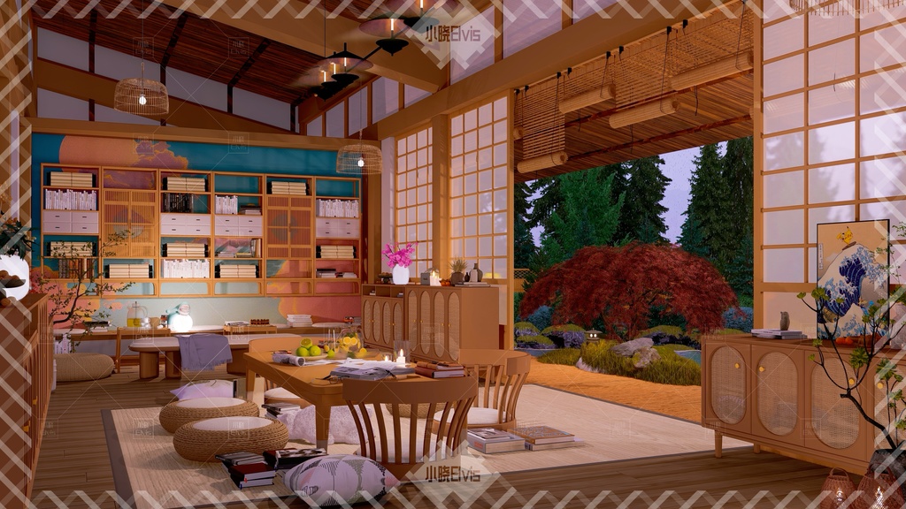 【Vtuber/動く配信背景】和風の図書館庭 view2