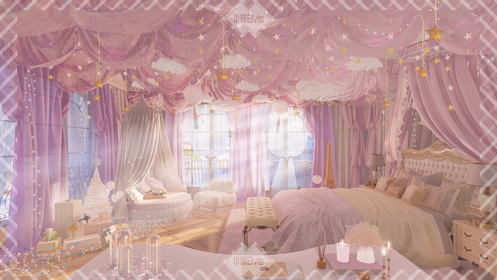 【Vtuber/動く配信背景】銀河お祝い 寝室 PV Game VTB