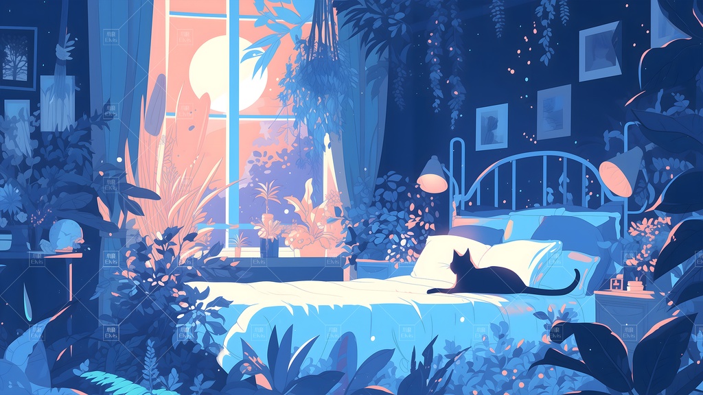 【Vtuber/動く配信背景】ガーデンベッドルーム夜 花园卧室 01-15