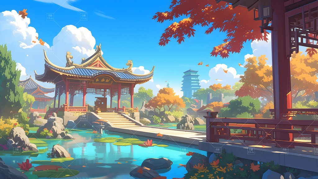 【Vtuber/動く配信背景】古風な庭園の秋 古风园林 01-19