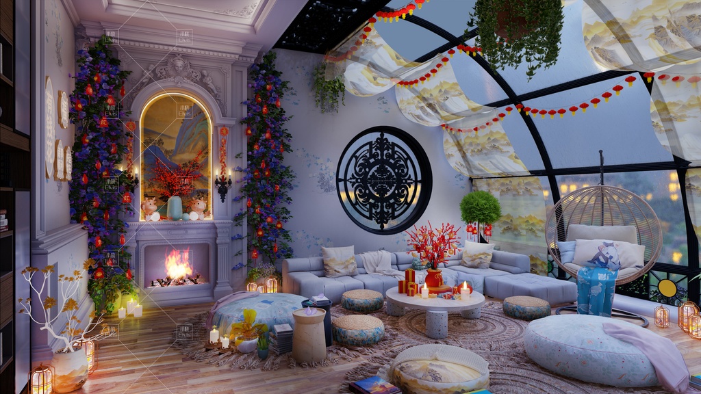 【Vtuber/動く配信背景】春祭り 春節 旧正月ガラス陽光テラス PV Game VTB