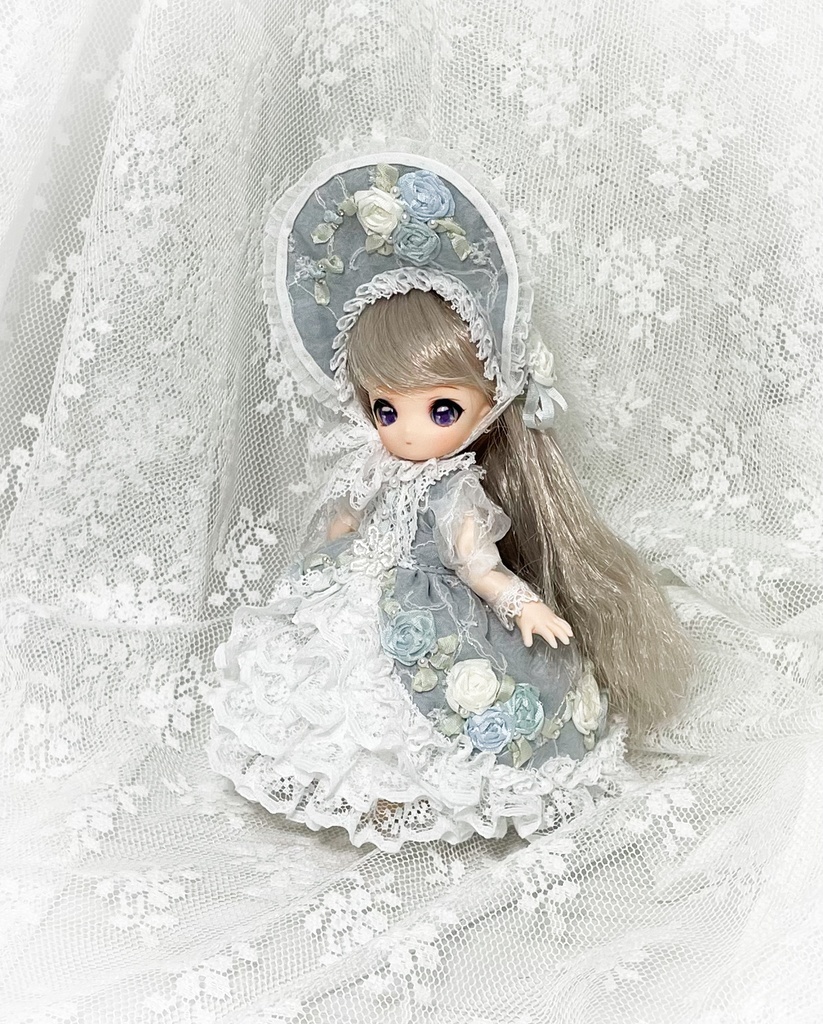 リボン刺繍ドレス ブルーグレー