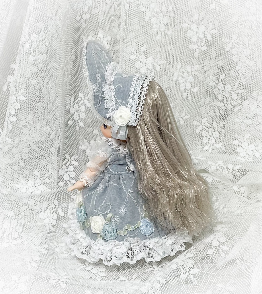 リボン刺繍ドレス ブルーグレー