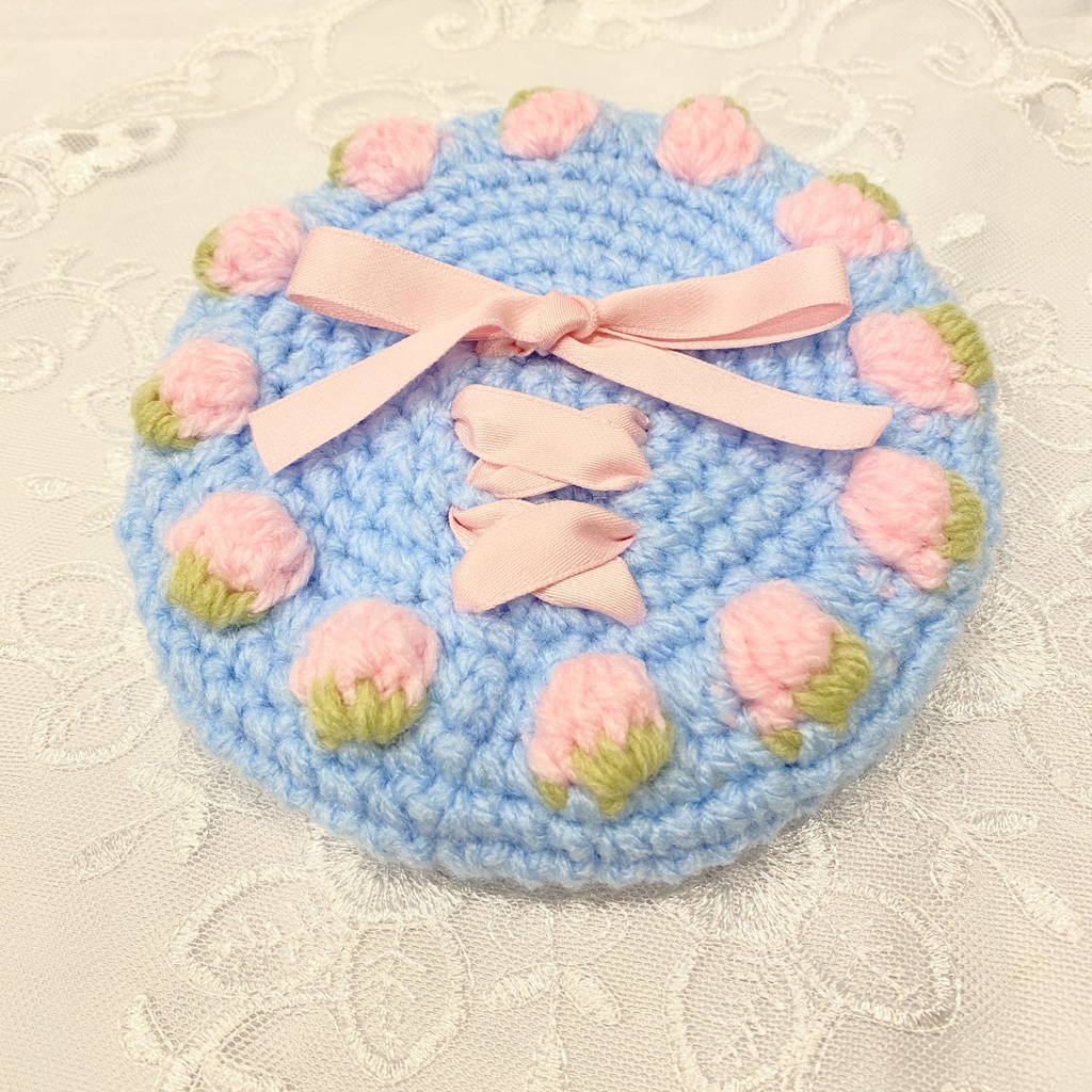 16cmぬい用　苺ベレー帽　水色×ピンク