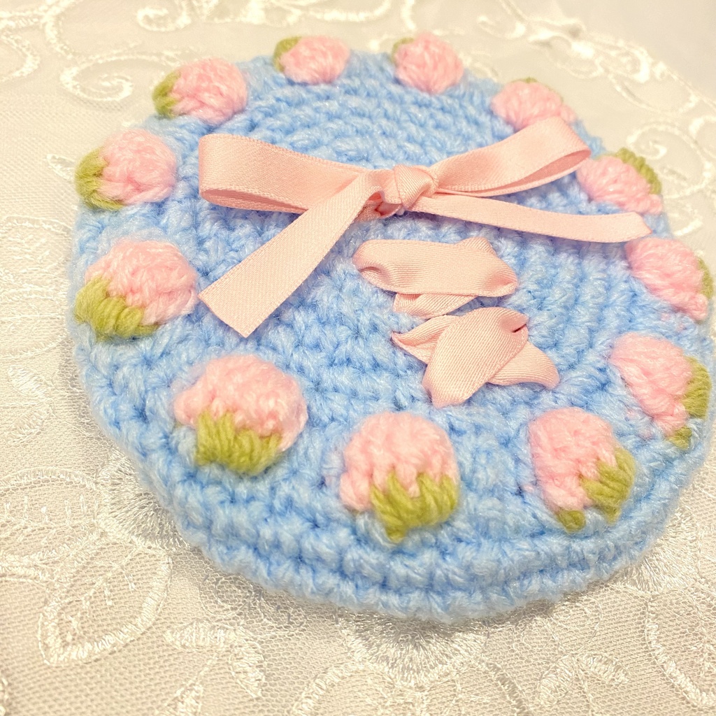 16cmぬい用 苺ベレー帽 水色×ピンク