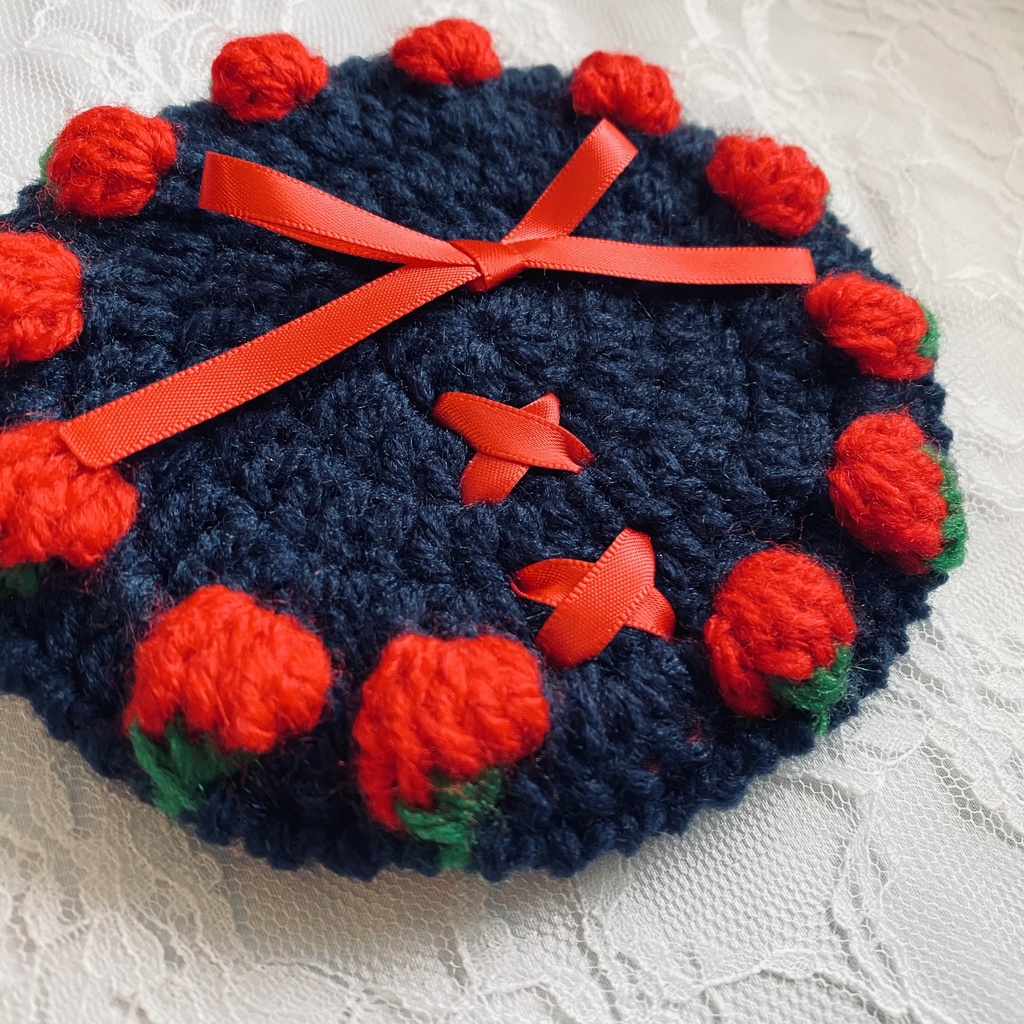 16cmぬい 苺ベレー帽 赤×紺