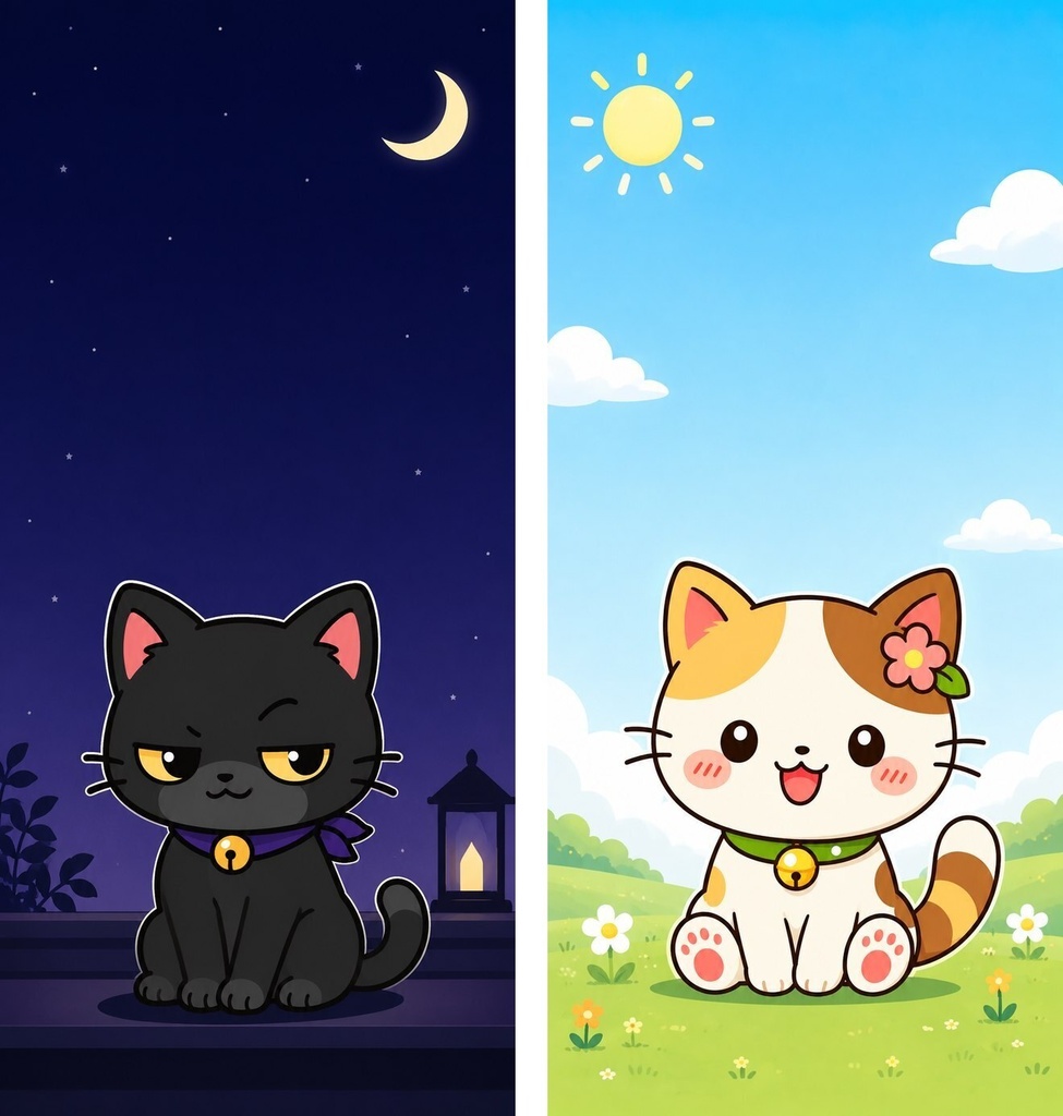 ニャイトン&ハレミャン スマホ壁紙セット|夜と晴れの2枚組