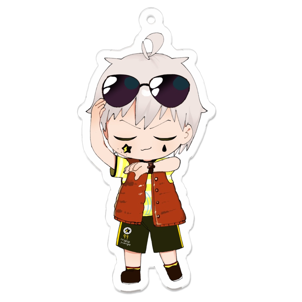 ６周年記念アクリルキーホルダー  夢見光 救命胴衣を着て時間を確認し余裕な表情