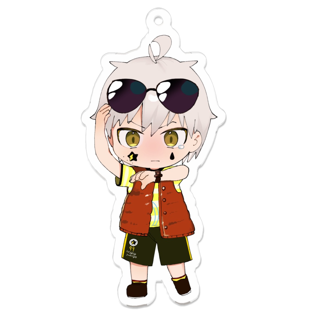 6周年記念アクリルキーホルダー 夢見光 救命胴衣を着て時間を確認し泣き目