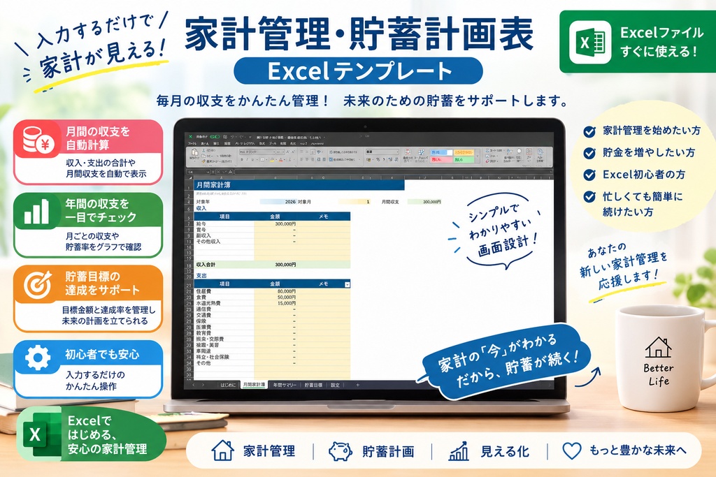 かんたん家計管理＆貯蓄計画表　Excel