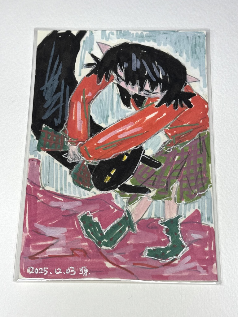 イラスト原画　黒猫と私