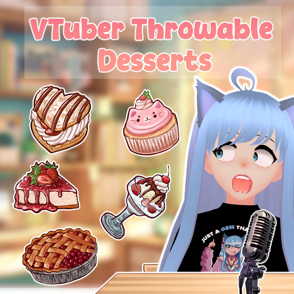 Cute VTuber Throwables | 2D Assets | Cute Pasteries | Includes 5 Assets | Sundae, Cherry Pie, Heart Puff, Kitty Cupcake, Strawberry Cheesecake