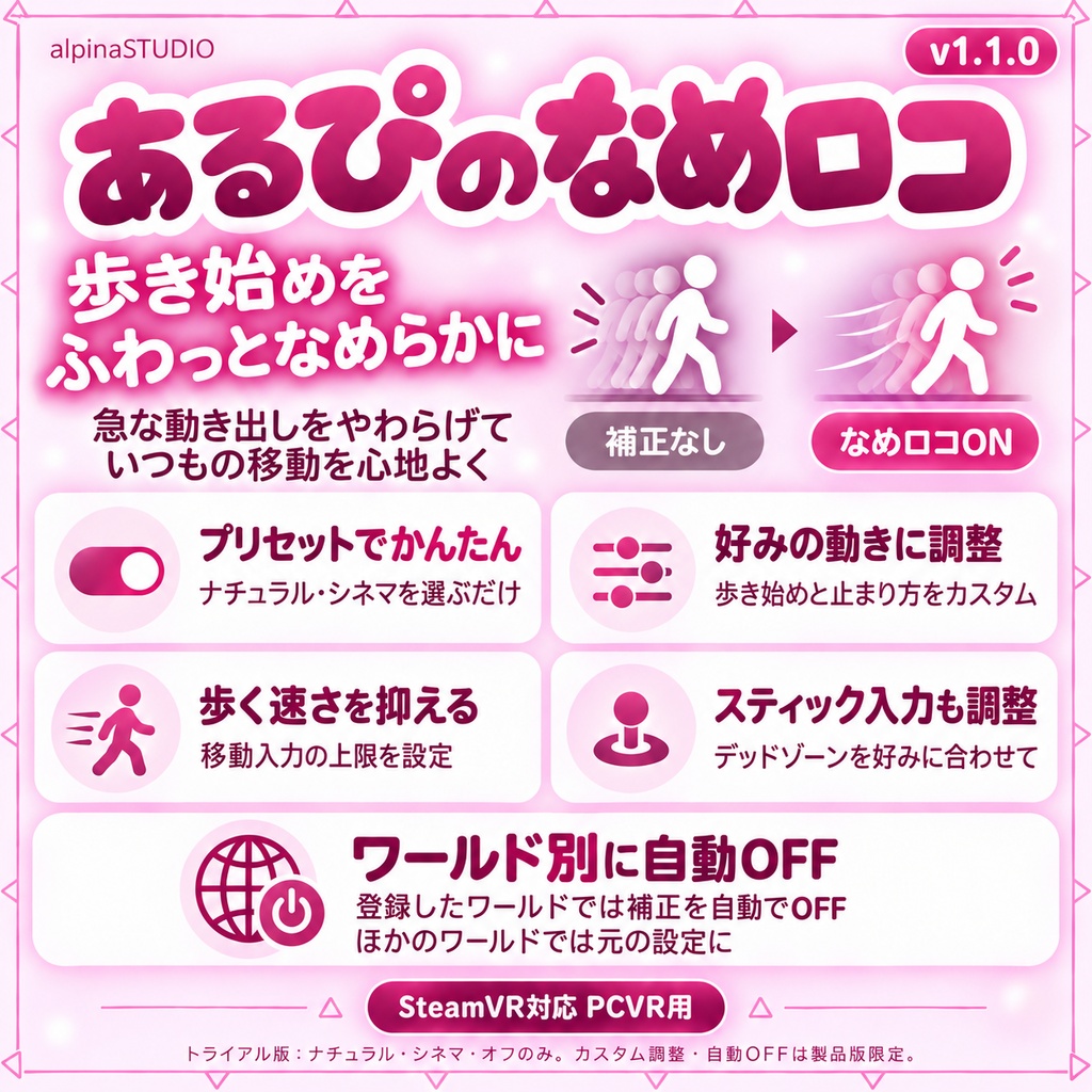 【無料版あり】あるぴのなめらかロコモーション|歩き始めがカクッとしない!デッドゾーン&移動速度上限も設定できる!ドリフト軽減にも♡