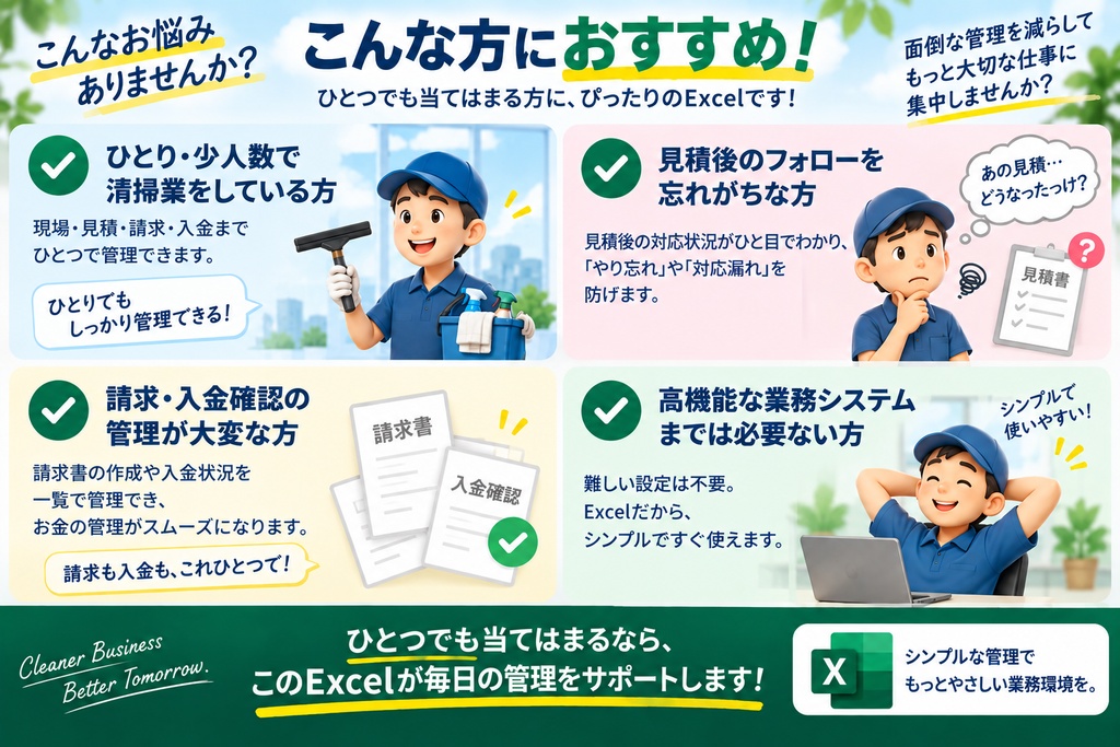 ひとり清掃業の「今日やること」管理Excel|見積・フォロー・請求・入金確認の抜け漏れ防止