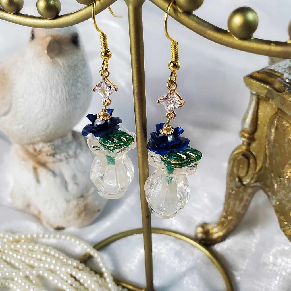 薔薇の花瓶_一輪 (青/赤) ※片耳 ピアス/イヤリング