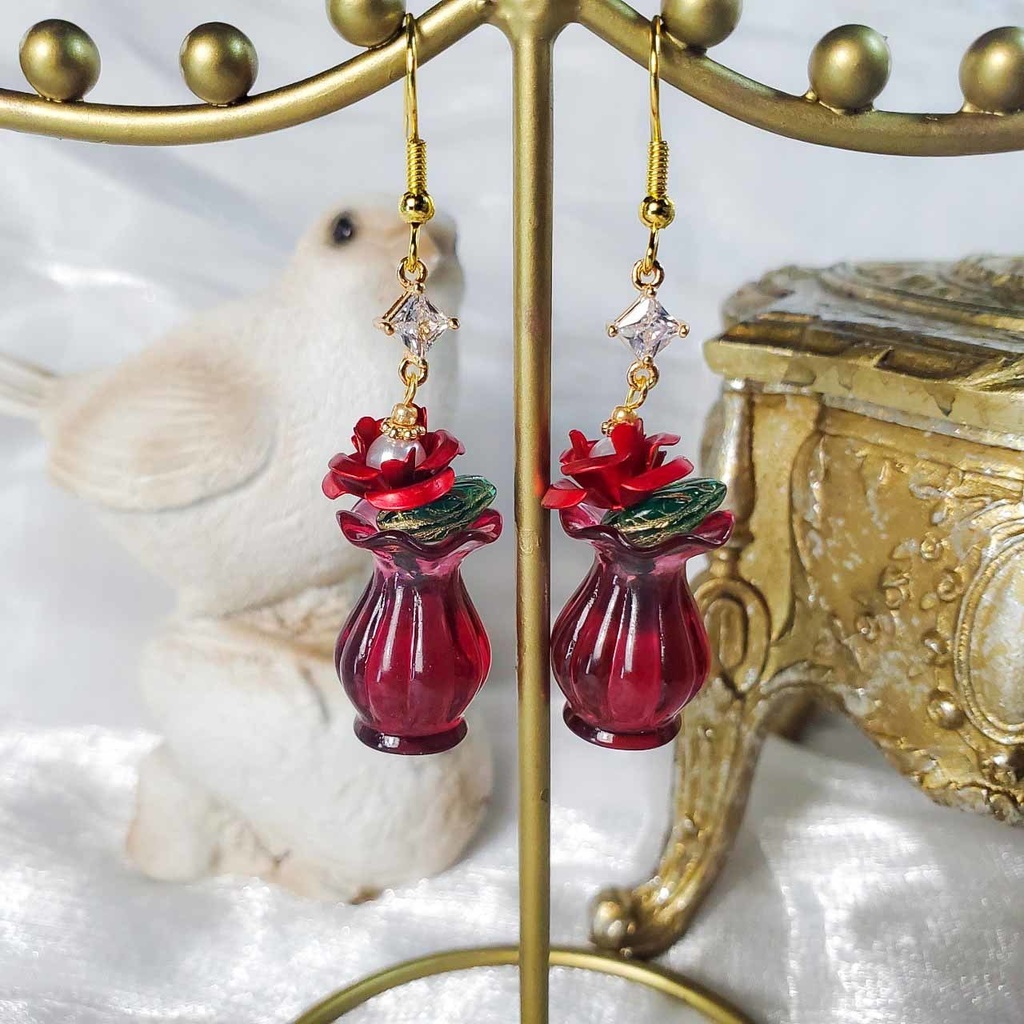 薔薇の花瓶_一輪 (青/赤) ※片耳 ピアス/イヤリング