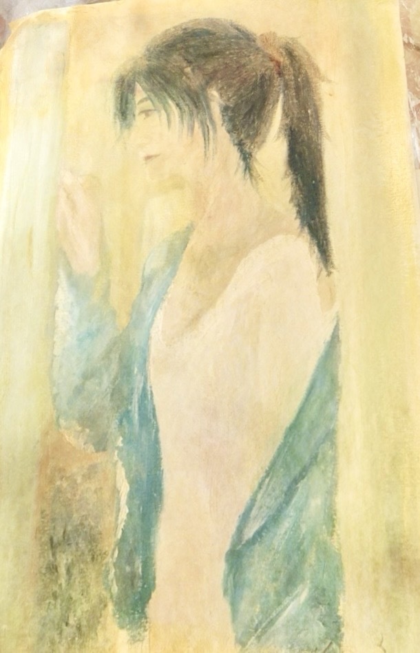 【1点物アナログ手描き油絵】B4大初めて描いた10年前の油絵、早乙女アルト金箔『マクロスF』